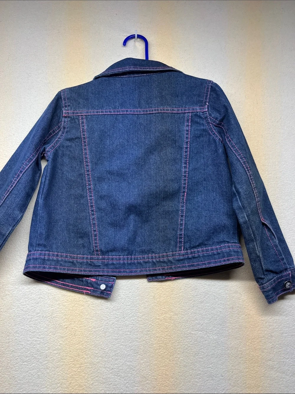 Girls Dark Blue Denim Jacket with Pink Floral Embroidery
